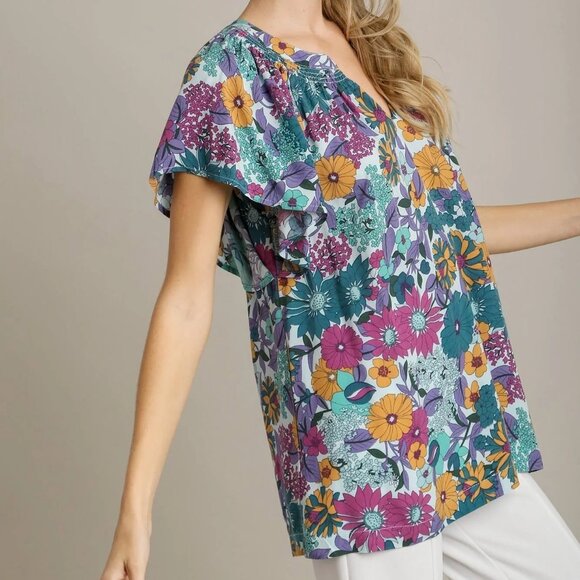 Umgee Floral Print Top in Jade Mix - Picture 3 of 8